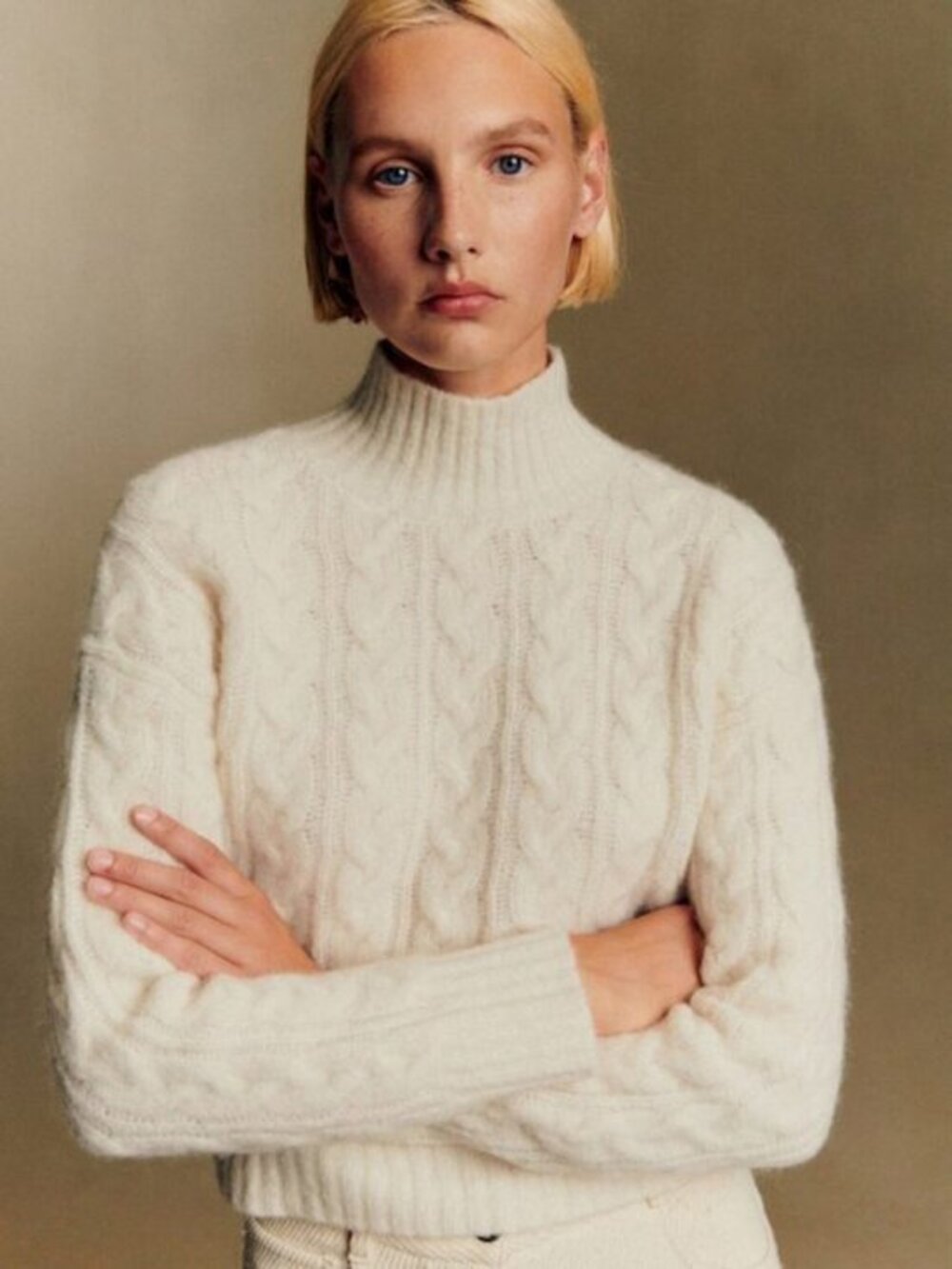 EUC Sezane Hugo Alpaca Blend Mock Neck Cable Knit Sweater Ecru XXS